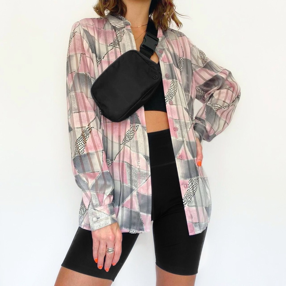 90s Vintage Sheer Geometric Blouse Pink Grey